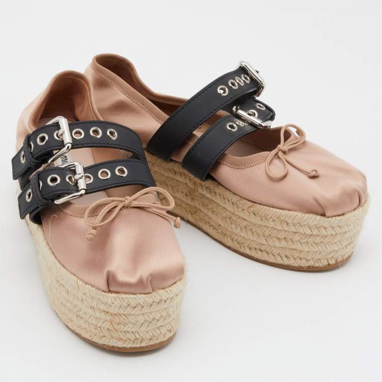 Pre Owned Miu Miu Old Rose/Black Satin Double Buckle Platform Espadrille Flats Size 35.5