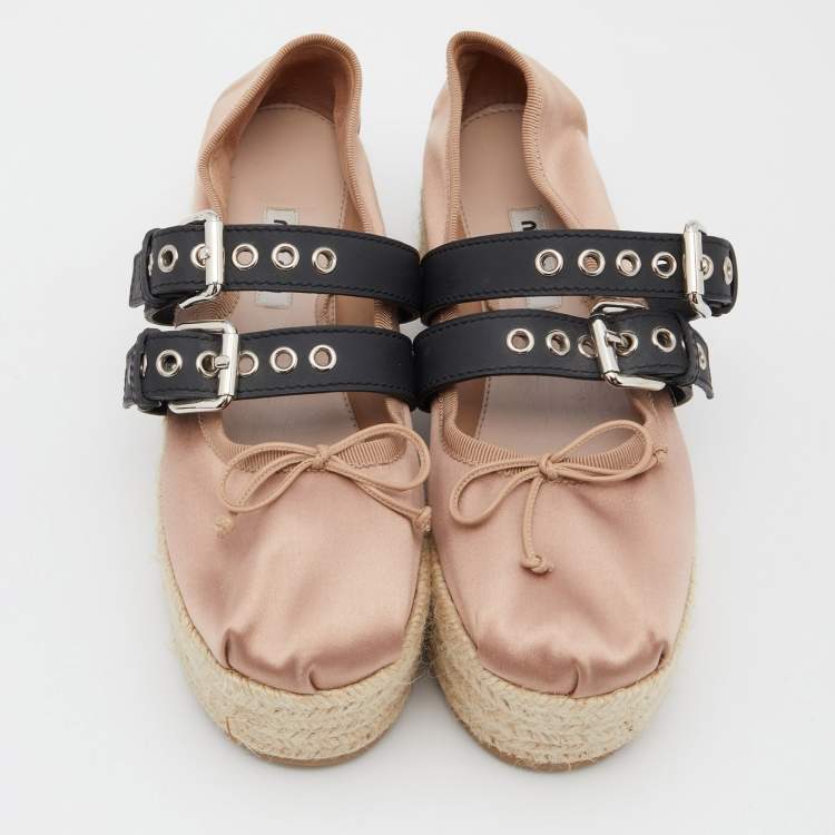Pre Owned Miu Miu Old Rose/Black Satin Double Buckle Platform Espadrille Flats Size 35.5
