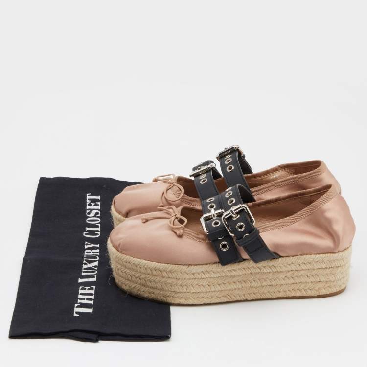Pre Owned Miu Miu Old Rose/Black Satin Double Buckle Platform Espadrille Flats Size 35.5