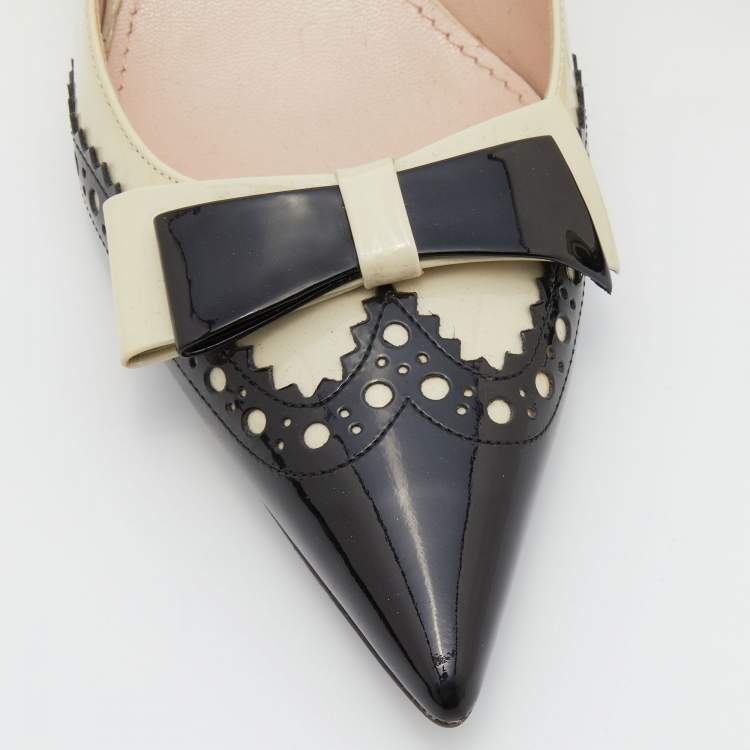 Pre Owned Miu Miu Two Tone Patent Leather Double Bow Pointed Toe Pumps Size 38