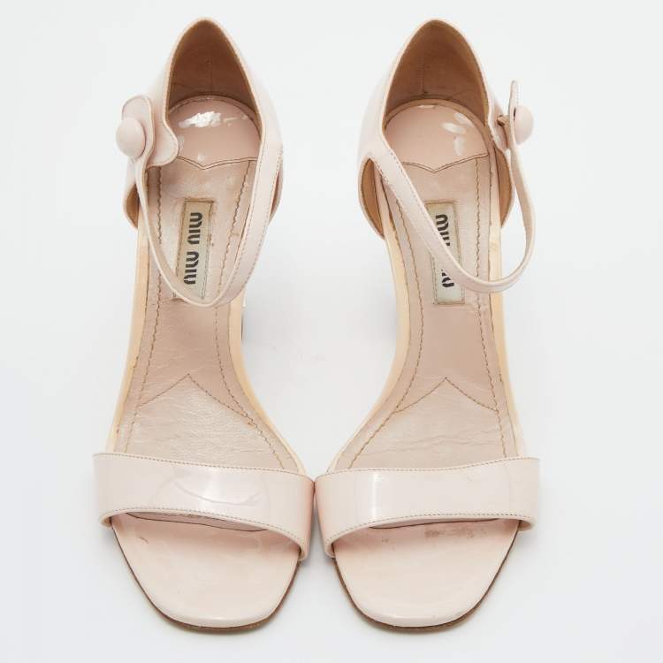 Pre Owned Miu Miu Light Pink Patent Leather Crystal Heel Sandals Size 35