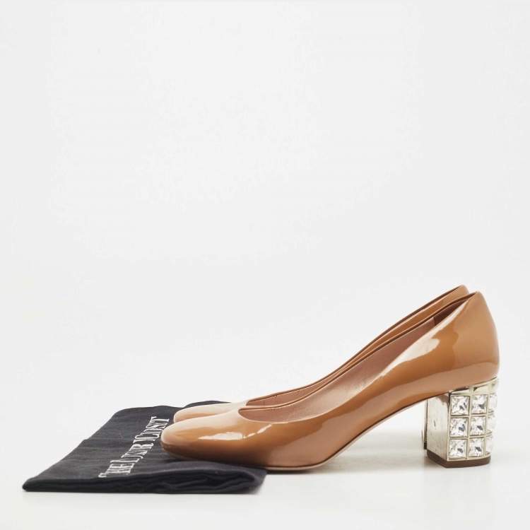 Pre Owned Miu Miu Brown Patent Leather Crystal Embellished Block Heel Pumps Size 36