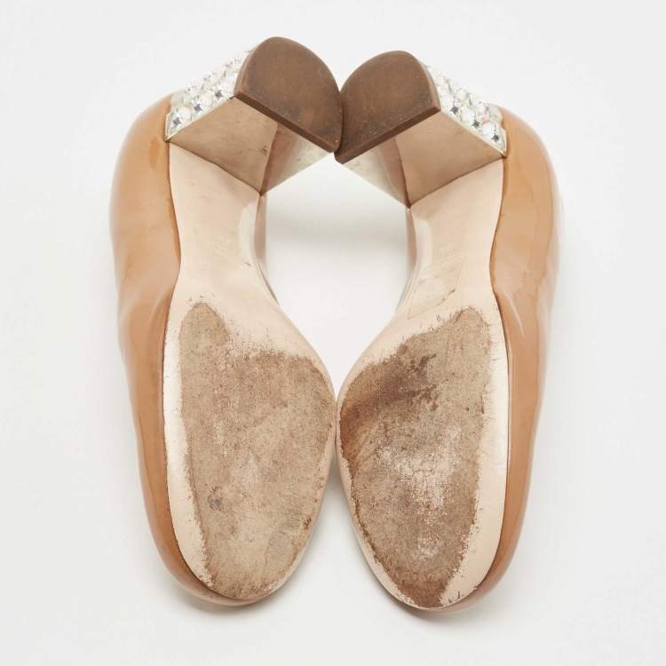 Pre Owned Miu Miu Brown Patent Leather Crystal Embellished Block Heel Pumps Size 36