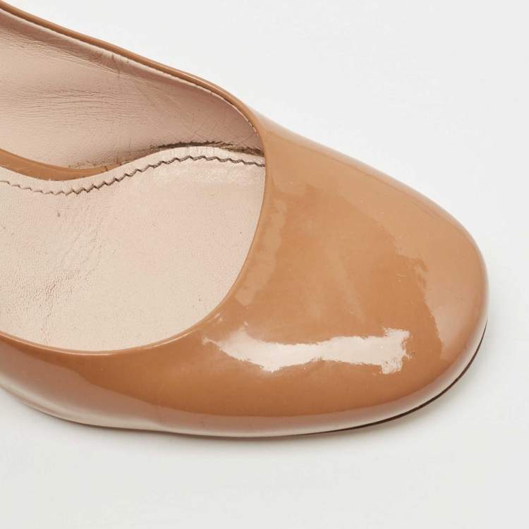 Pre Owned Miu Miu Brown Patent Leather Crystal Embellished Block Heel Pumps Size 36