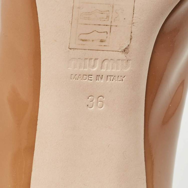 Pre Owned Miu Miu Brown Patent Leather Crystal Embellished Block Heel Pumps Size 36