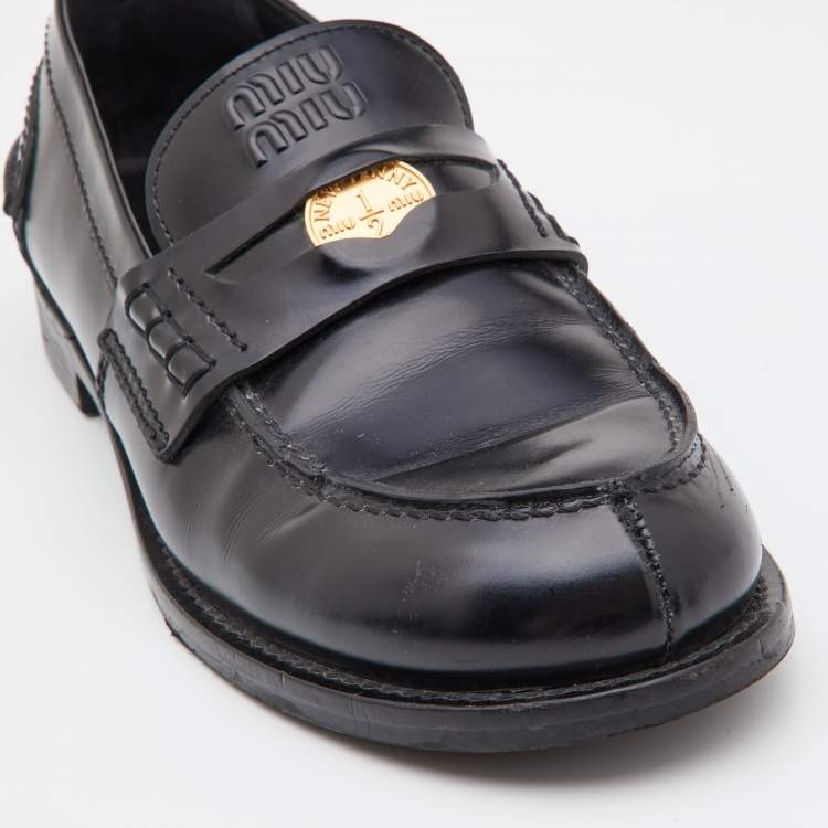 Pre Owned Miu Miu Black Leather Coin Penny Loafers Size 40