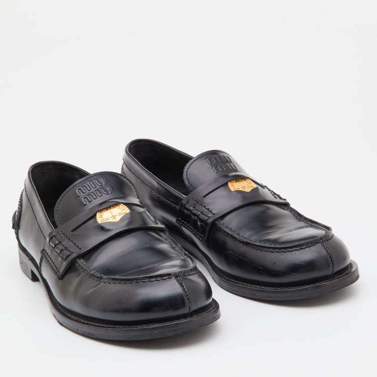 Pre Owned Miu Miu Black Leather Coin Penny Loafers Size 40