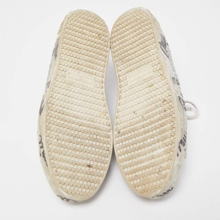 Pre Owned Miu Miu Silver Coarse Glitter Logo Print Low Top Sneakers Size 40