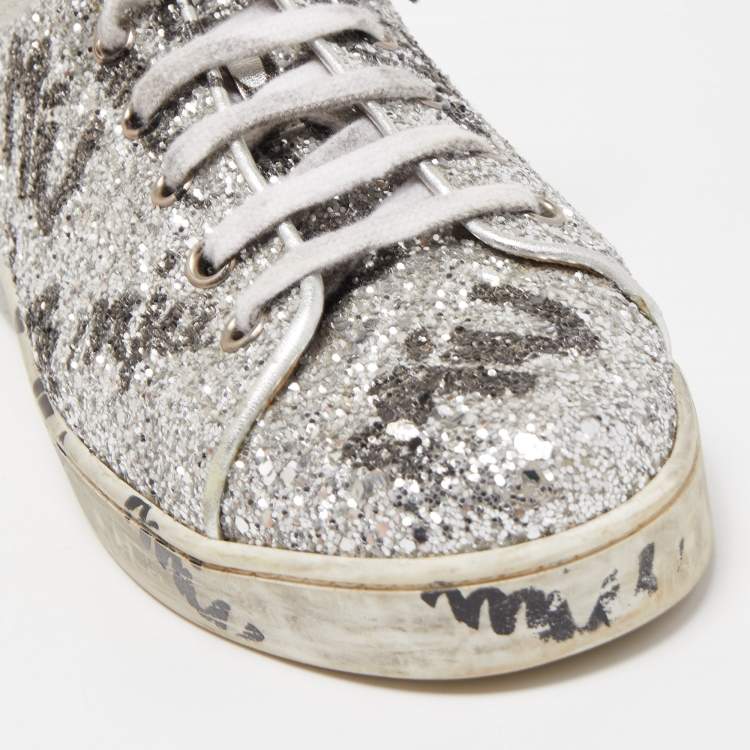 Pre Owned Miu Miu Silver Coarse Glitter Logo Print Low Top Sneakers Size 40