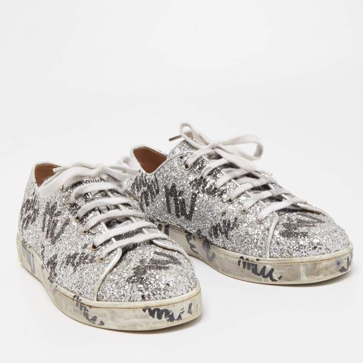Pre Owned Miu Miu Silver Coarse Glitter Logo Print Low Top Sneakers Size 40