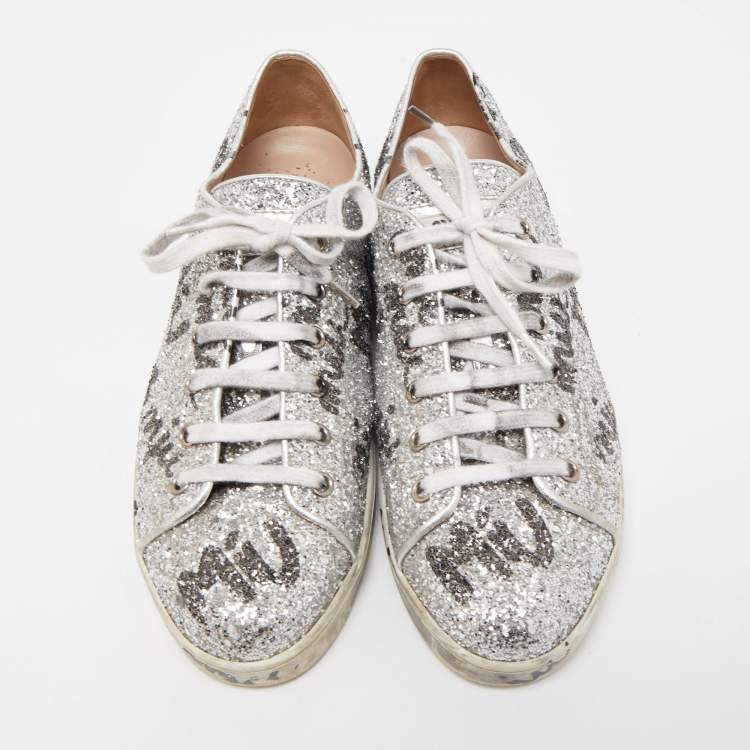 Pre Owned Miu Miu Silver Coarse Glitter Logo Print Low Top Sneakers Size 40