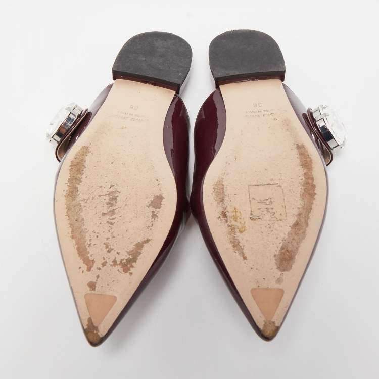 Pre Owned Miu Miu Burgundy Patent Leather Embellished Pointed Toe Mules Size 36