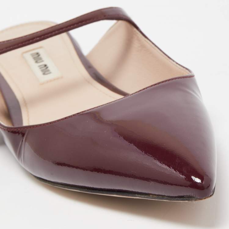 Pre Owned Miu Miu Burgundy Patent Leather Embellished Pointed Toe Mules Size 36