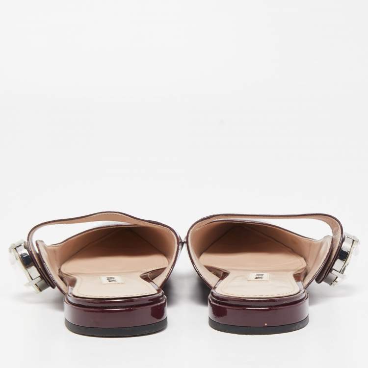 Pre Owned Miu Miu Burgundy Patent Leather Embellished Pointed Toe Mules Size 36