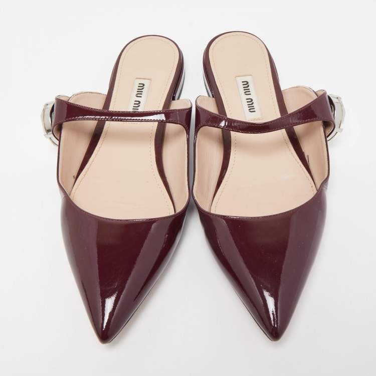 Pre Owned Miu Miu Burgundy Patent Leather Embellished Pointed Toe Mules Size 36