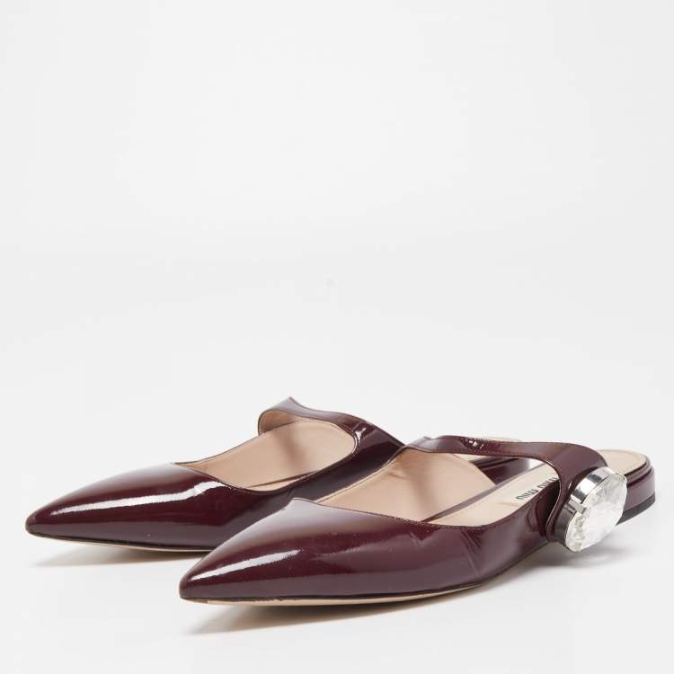 Pre Owned Miu Miu Burgundy Patent Leather Embellished Pointed Toe Mules Size 36