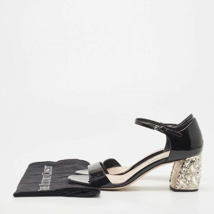 Pre Owned Miu Miu Black Patent Leather Crystal Embellished Block Heel Ankle Strap Sandals Size 37.5