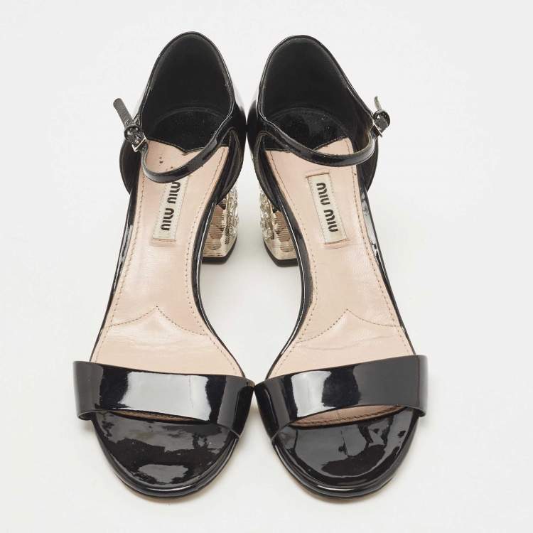 Pre Owned Miu Miu Black Patent Leather Crystal Embellished Block Heel Ankle Strap Sandals Size 37.5