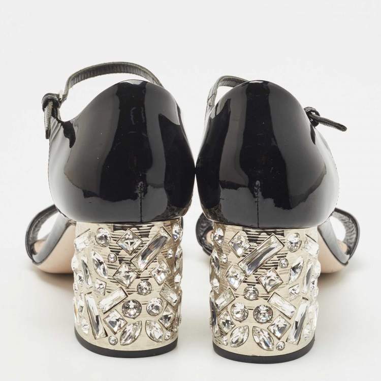 Pre Owned Miu Miu Black Patent Leather Crystal Embellished Block Heel Ankle Strap Sandals Size 37.5