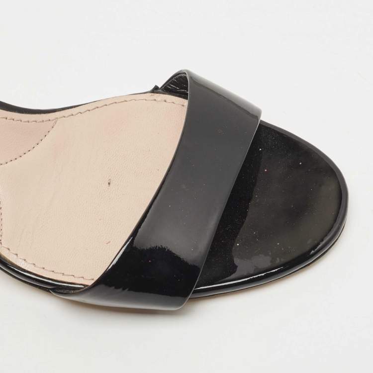 Pre Owned Miu Miu Black Patent Leather Crystal Embellished Block Heel Ankle Strap Sandals Size 37.5
