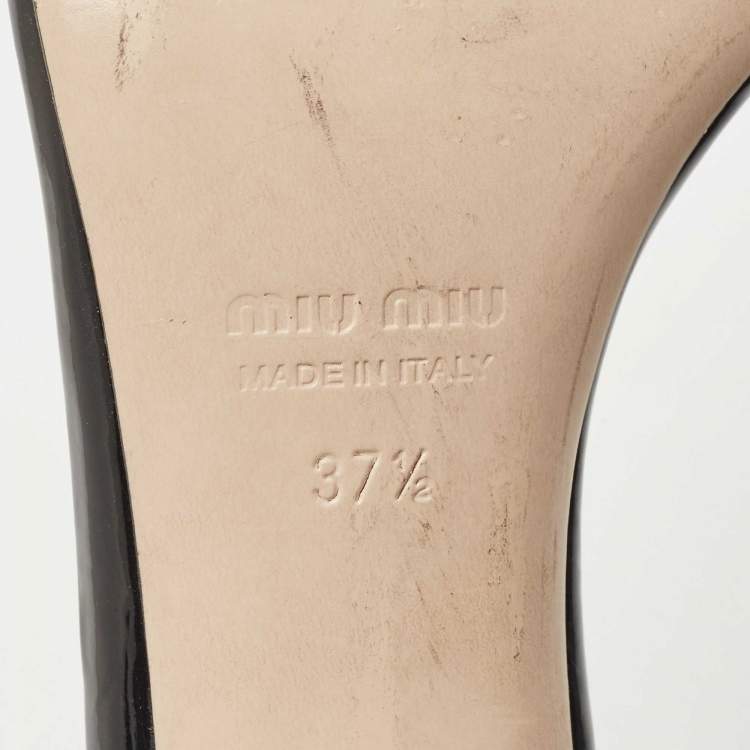 Pre Owned Miu Miu Black Patent Leather Crystal Embellished Block Heel Ankle Strap Sandals Size 37.5