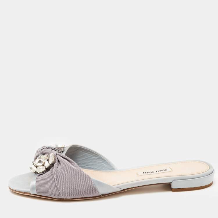 Pre Owned Miu Miu Grey Satin Crystal Embellished Flat Slides Size 38