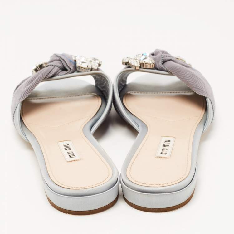 Pre Owned Miu Miu Grey Satin Crystal Embellished Flat Slides Size 38