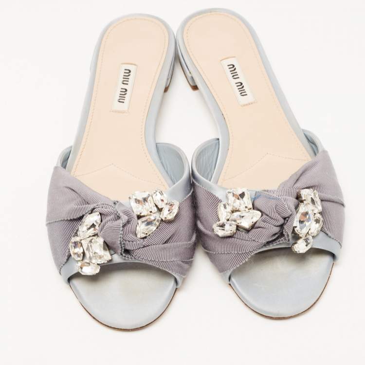 Pre Owned Miu Miu Grey Satin Crystal Embellished Flat Slides Size 38
