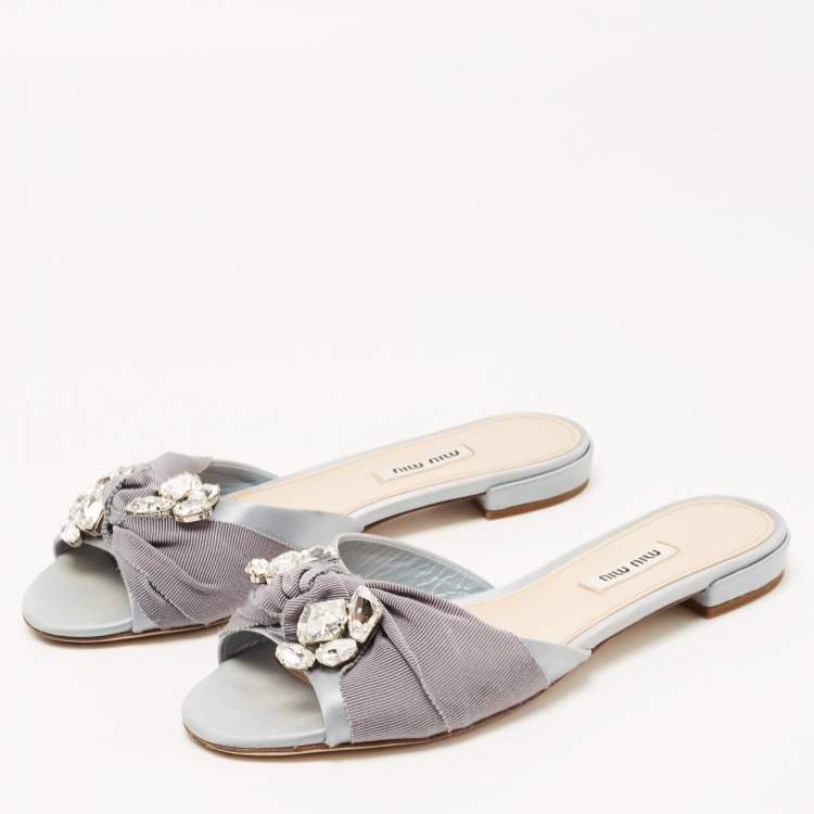 Pre Owned Miu Miu Grey Satin Crystal Embellished Flat Slides Size 38