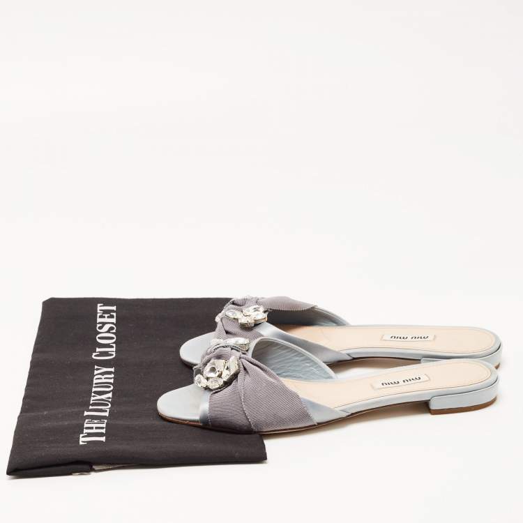 Pre Owned Miu Miu Grey Satin Crystal Embellished Flat Slides Size 38