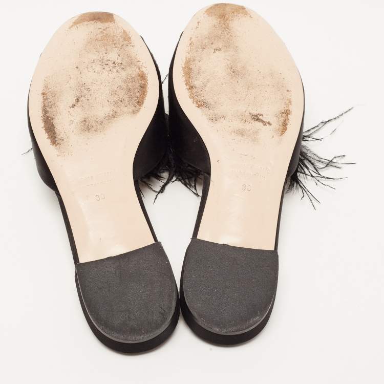Pre Owned Miu Miu Black Faux Fur and Satin Crystal Embellished Flat Slides Size 38