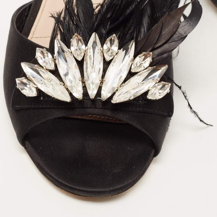Pre Owned Miu Miu Black Faux Fur and Satin Crystal Embellished Flat Slides Size 38