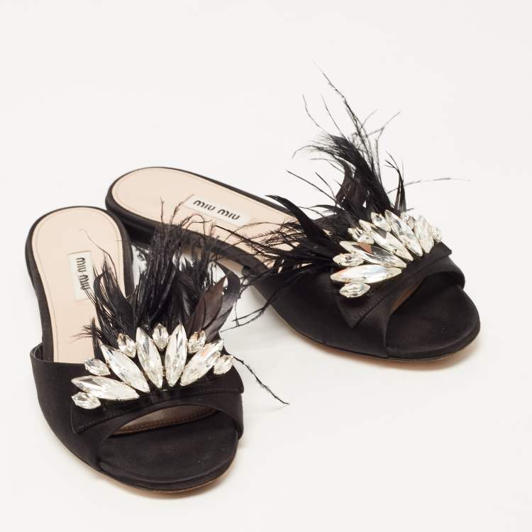 Pre Owned Miu Miu Black Faux Fur and Satin Crystal Embellished Flat Slides Size 38
