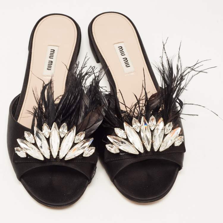 Pre Owned Miu Miu Black Faux Fur and Satin Crystal Embellished Flat Slides Size 38
