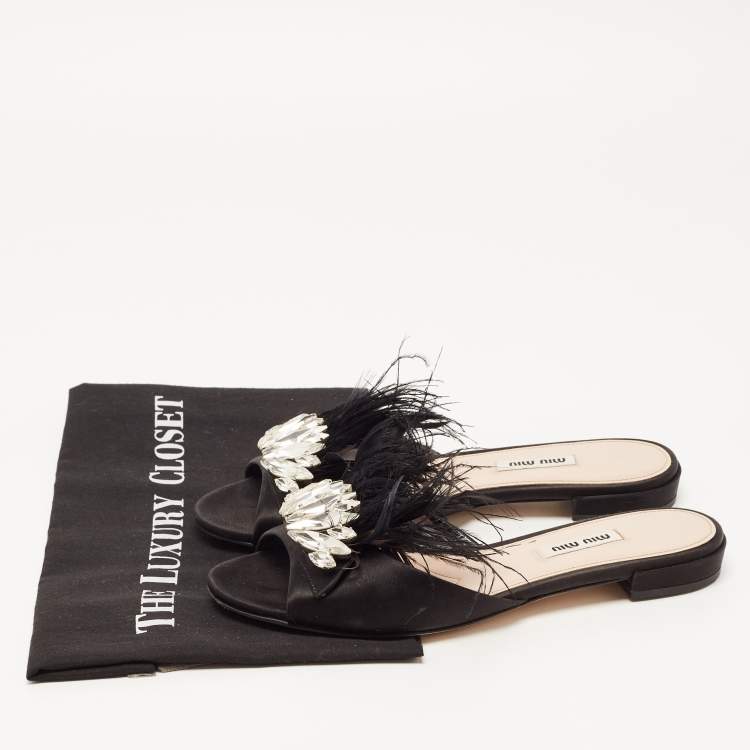 Pre Owned Miu Miu Black Faux Fur and Satin Crystal Embellished Flat Slides Size 38