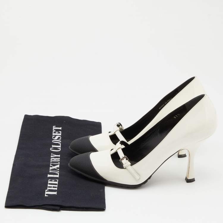 Pre Owned Miu Miu White/Black Patent Leather and Rubber Pumps Size 37.5