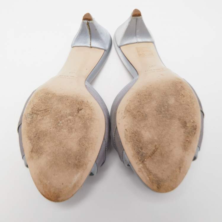 Pre Owned Miu Miu Two Tone Satin and Knotted Canvas Crystal Embellished Slide Sandals Size 39