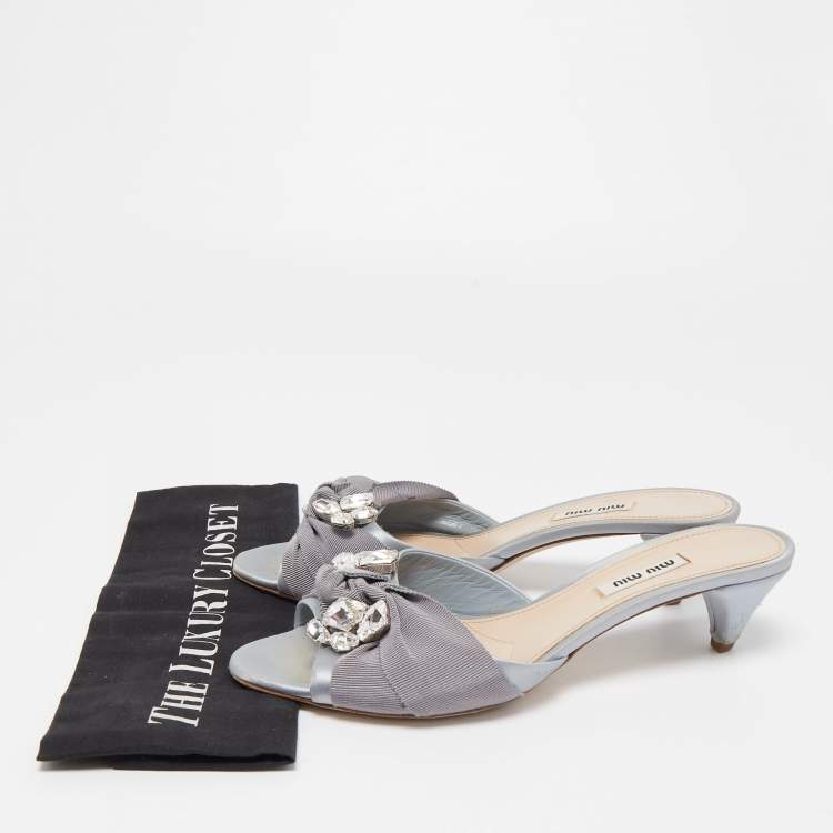 Pre Owned Miu Miu Two Tone Satin and Knotted Canvas Crystal Embellished Slide Sandals Size 39