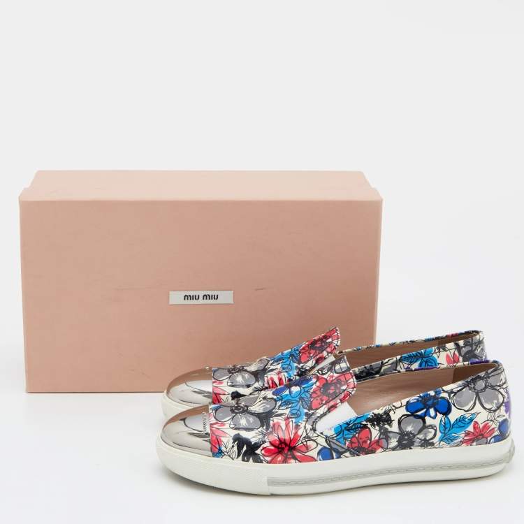 Pre Owned Miu Miu Multicolor Printed Patent Leather Metal Cap Toe Slip On Sneakers Size 38