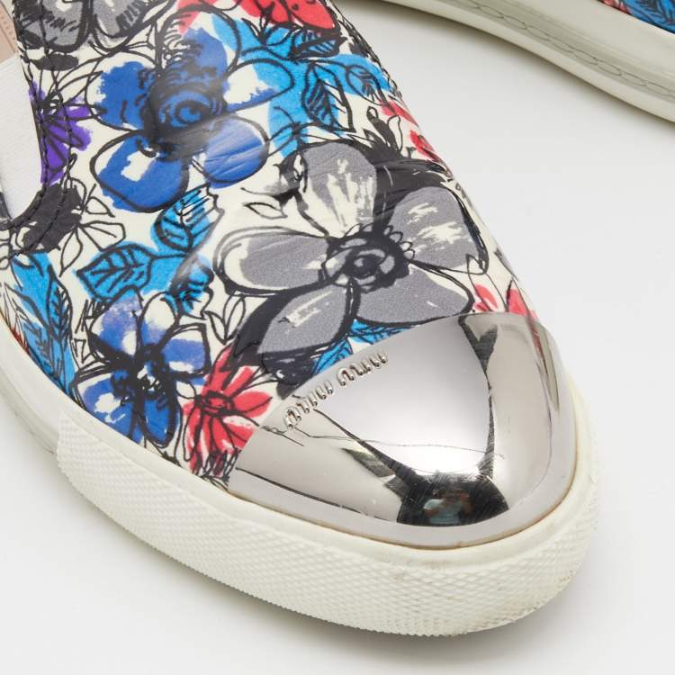 Pre Owned Miu Miu Multicolor Printed Patent Leather Metal Cap Toe Slip On Sneakers Size 38
