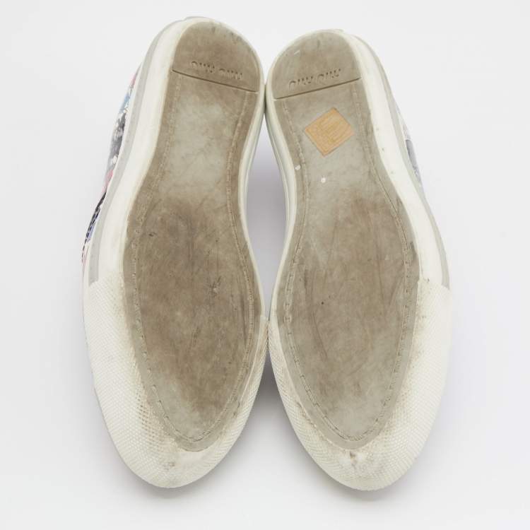 Pre Owned Miu Miu Multicolor Printed Patent Leather Metal Cap Toe Slip On Sneakers Size 38
