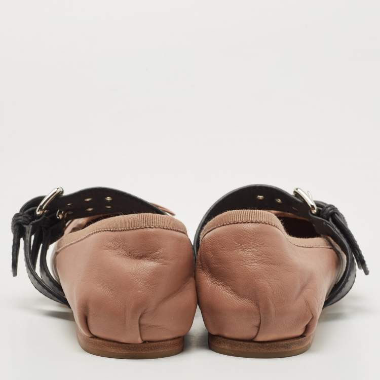 مملوكة مسبقًا Miu Miu Brown Leather Buckle Detail Bow Ballet Flats Size 39