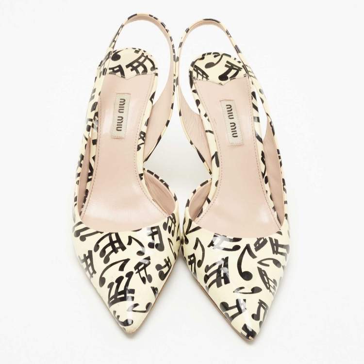 Pre Owned Miu Miu Light Yellow Printed Patent Leather Slingback Pumps Size 40