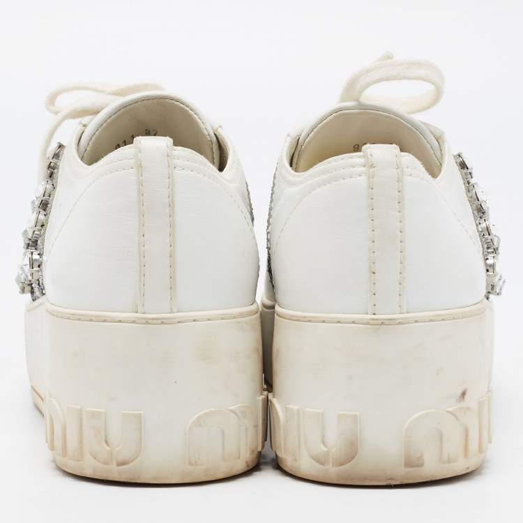 Pre Owned Miu Miu White Leather Crystal Embellished Platform Sneakers Size 37