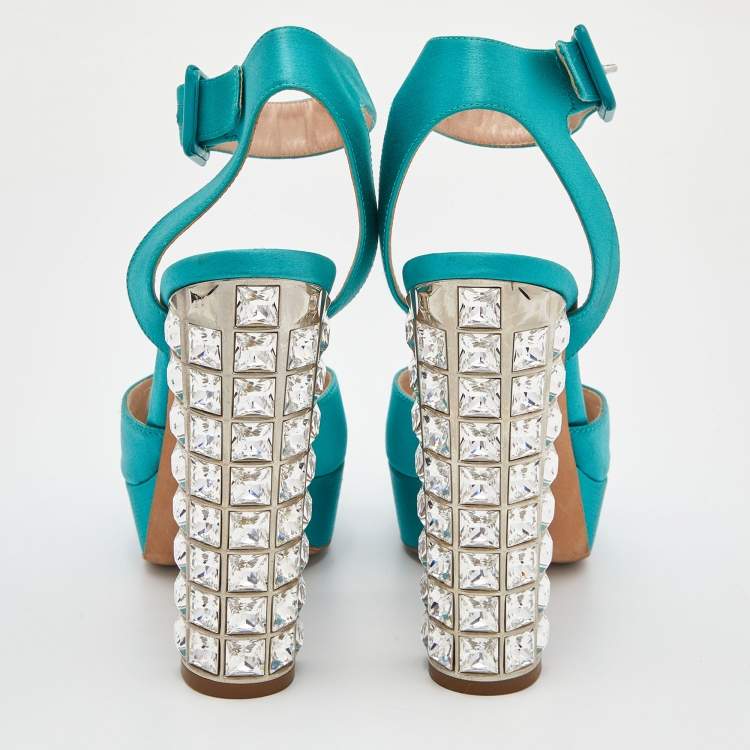 Pre Owned Miu Miu Green Satin Crystal Embellished Block Heel Ankle Strap Sandals Size 37