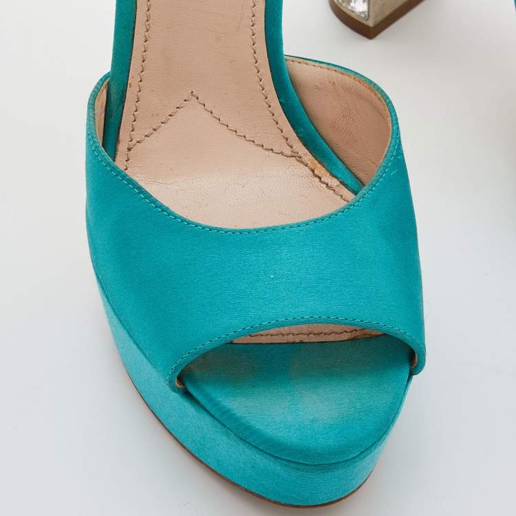 Pre Owned Miu Miu Green Satin Crystal Embellished Block Heel Ankle Strap Sandals Size 37