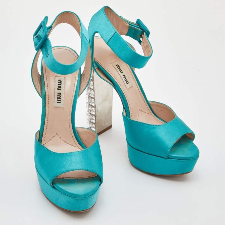 Pre Owned Miu Miu Green Satin Crystal Embellished Block Heel Ankle Strap Sandals Size 37