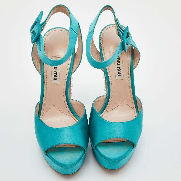 Pre Owned Miu Miu Green Satin Crystal Embellished Block Heel Ankle Strap Sandals Size 37