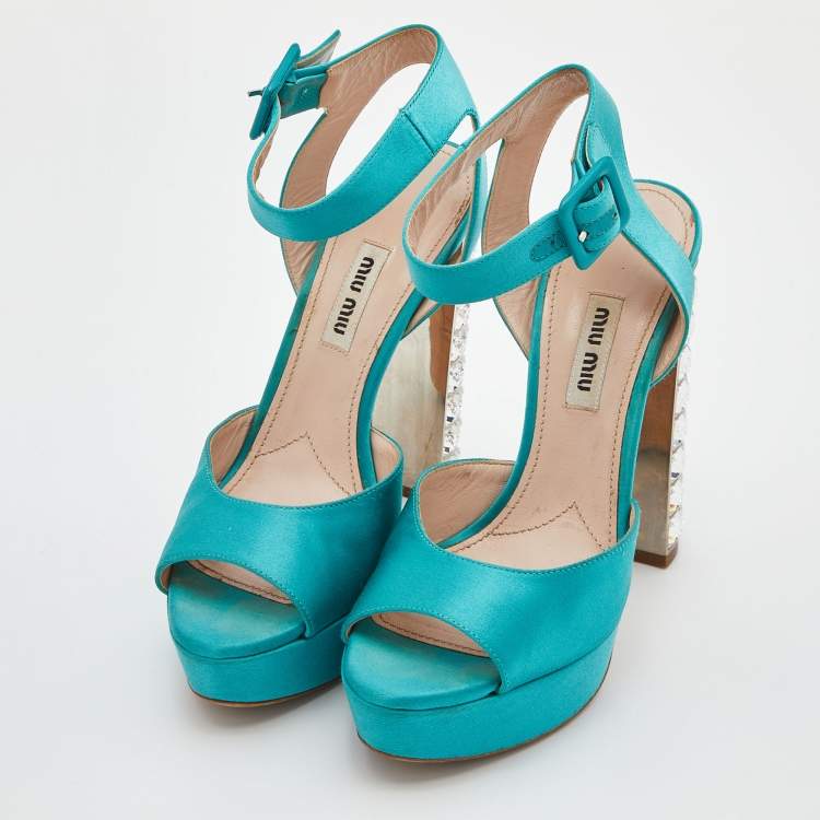 Pre Owned Miu Miu Green Satin Crystal Embellished Block Heel Ankle Strap Sandals Size 37
