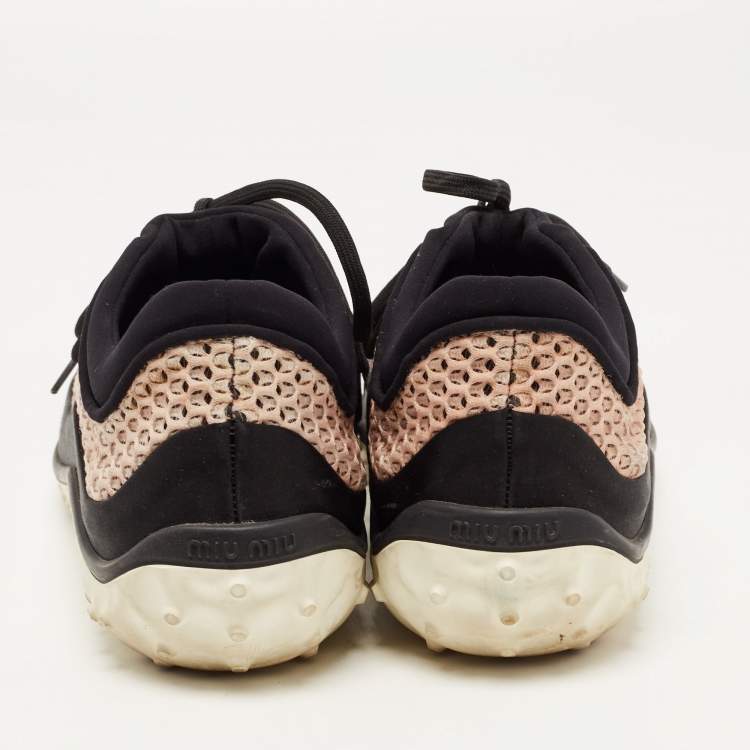 Pre Owned Miu Miu Black/Pink Neoprene and Mesh Crystal Embellished Low Top Sneakers Size 40